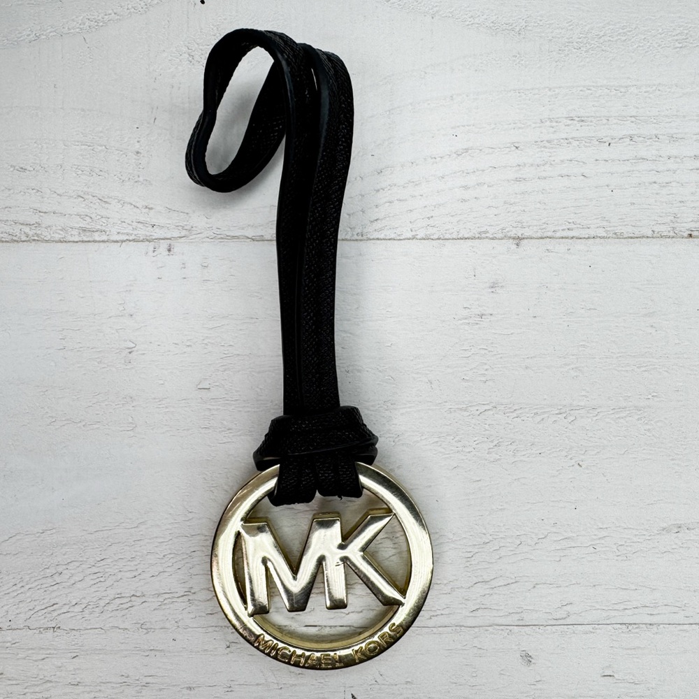 Michael Kors MK Gold Logo Bag Charm / Keychain Black Leather